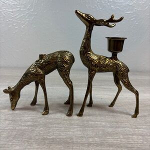 2 Vintage Brass Deer Reindeer Candle Holder Candlestick Stag & Doe Christmas